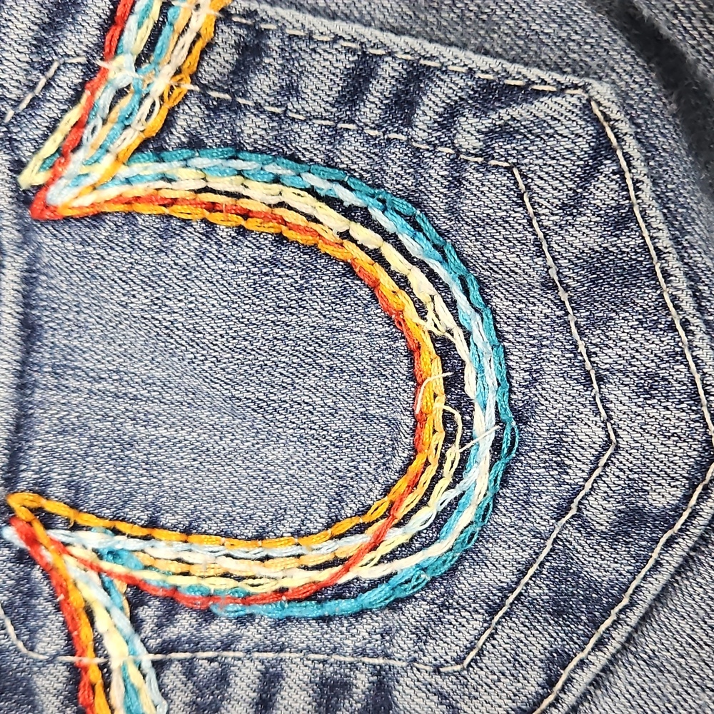 True Religion Boot Cut Jeans Rainbow Stitching Size 26 Made In USA Y2K Low Rise - Picture 13 of 14